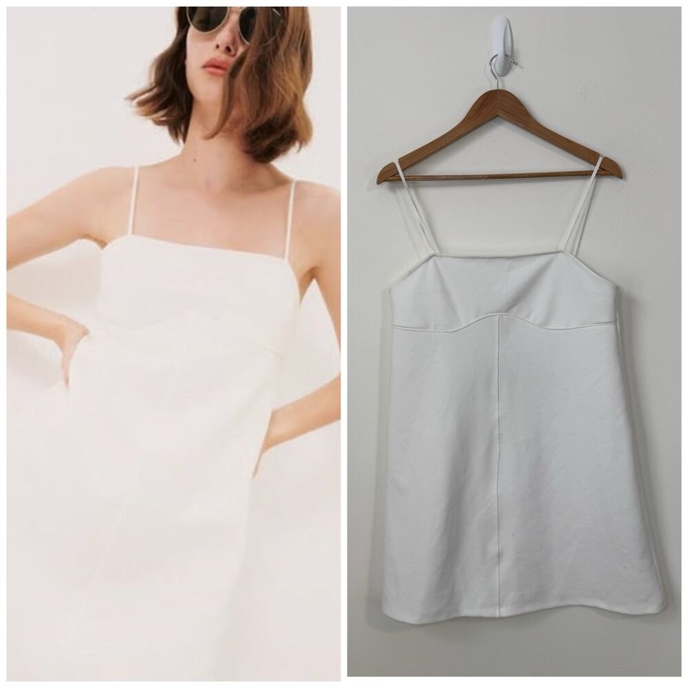 NWT ZARA Knit Square Neck Mini Shift Dress Size L White Stretch